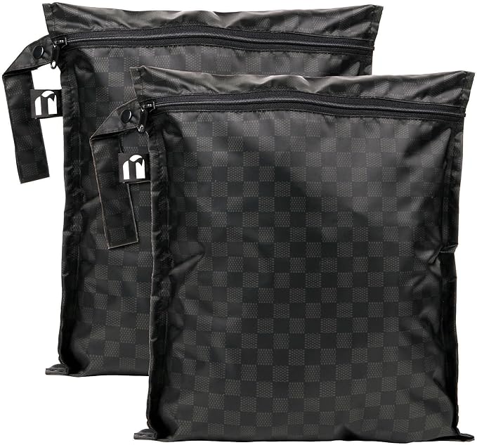 Bumkins Roamio - Waterproof Wet Bag - For Baby, Travel, Swim Suit, Cloth Diapers, Pump Parts, Pool, Gym, Toiletry, Strap to Stroller - Reusable & Easy to Clean - 2pk - Black Check