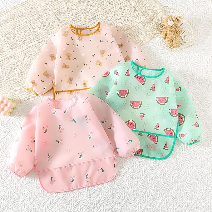 Hafftnun Long Sleeved Bibs,5 PCS Waterproof Wearable Bibs with Sleeves,Baby Feeding Smock 6-30 Months