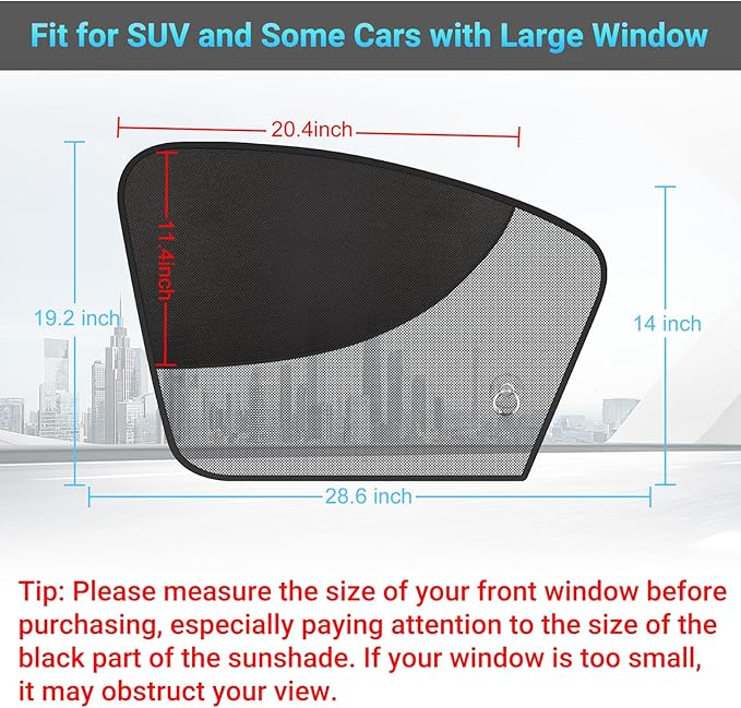 DIZA100 Front Window Sun Shade, 2 Pack Half Blackout & Half See-Through Magnetic Car Side Window Sunshades with Fixed Suction Cup, Car Window Curtain UV Protection for Driver