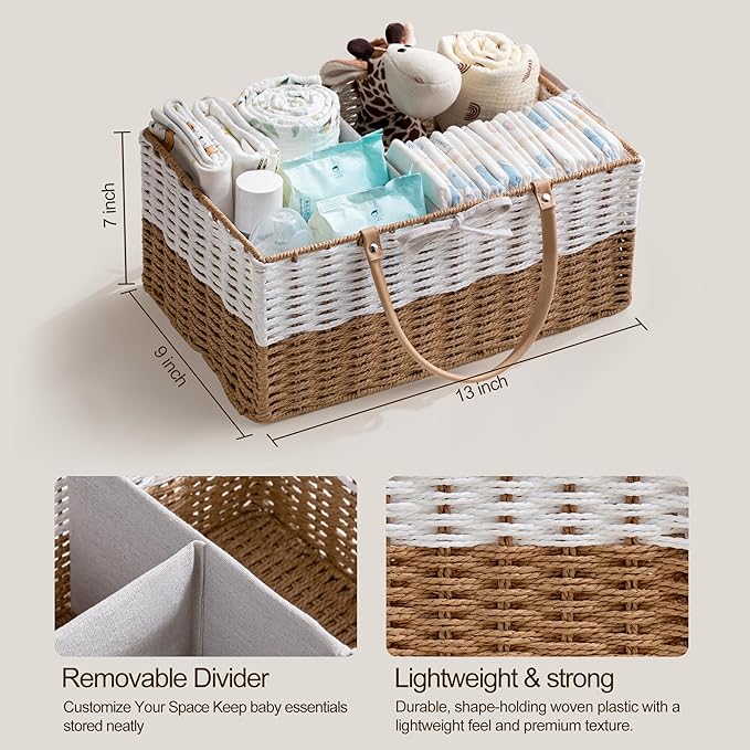 HBlife Baby Diaper Caddy Organizer, Paper Rope Storage Baskets Nursery Bin with Removable Divider, Portable Car Organizer for Diapers, Baby Shower Gifts, Newborn Essentials Must Haves