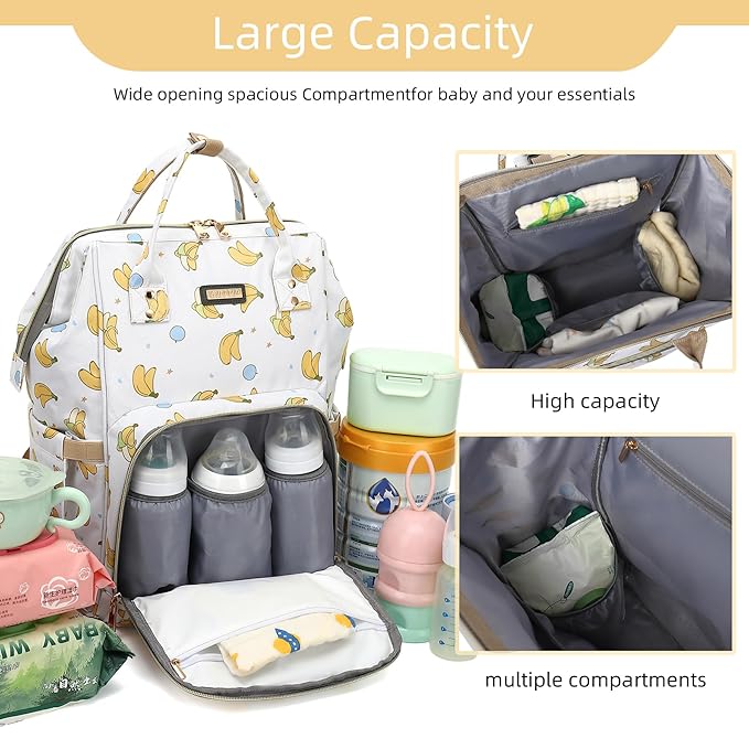 GAIVP Diaper Bag Backpack, Diaper Bags for Baby Girls Boys, Baby Bags for Moms Dads, Nappy Changing Bag with Insulated Pockets,Multi-functional Waterproof Backpack with Stroller straps -Beige Banana