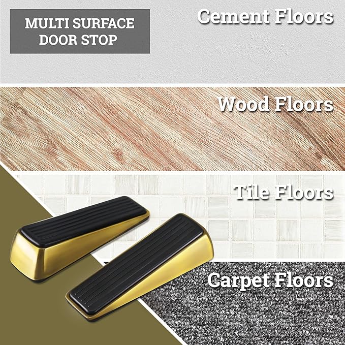 2 Pack Gold Door Stopper - Modern Brass Heavy Duty Door Stop - Large Wedge Holds Doors Firmly and Doesn't Budge - Made of Rubber and Zinc Alloy, Door Weights for Home Premium Door Stopper Office(Gold)