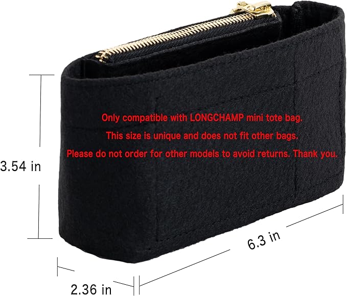 Mini Bag Organizer with Genuine Leather Crossbody Strap Conversion Kit, Compatible with Longchamp Mini Bag – Inner Liner Insert + Strap Kit Set, Black