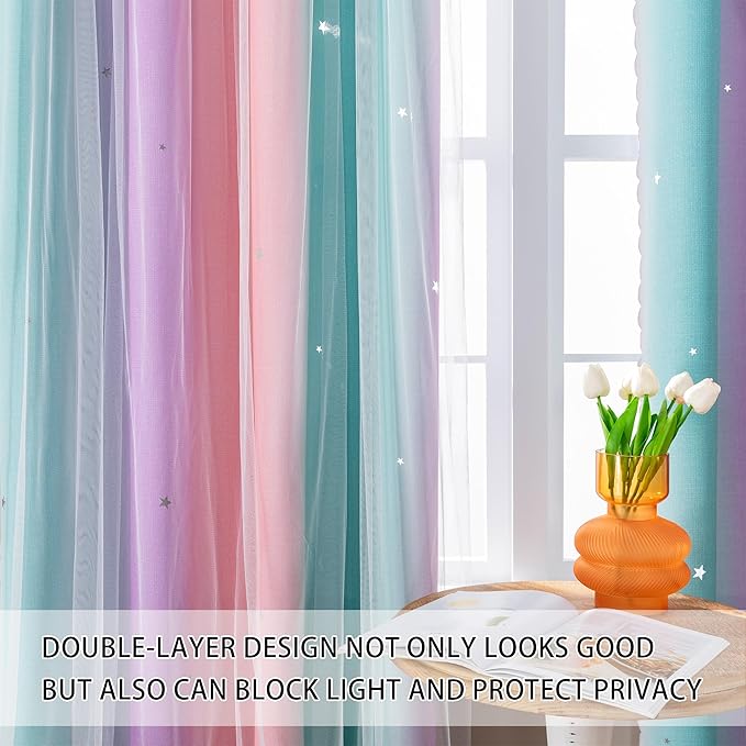 XiDi Blackout Curtains 90 Inches Long for Girl Bedroom Decor Kids Rainbow Pink Curtains Princess Room Darkening Thermal Insulated Grommet Window Drapes Nursery Pink Purple Green 42x90 2 Panels Set
