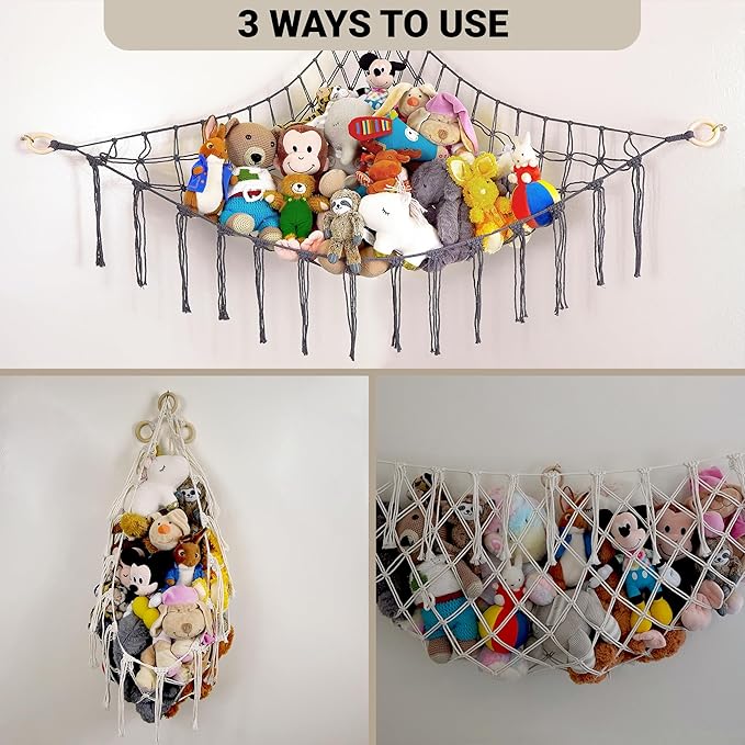 ABBY BABY Large Stuffed Animal Hammock Corner - Stuffed Animal Storage - 100% Natural Cotton Macrame Stuffed Animal Net - Stuff Animal Organizer - Net for Stuffed Animals Corner Large-Gray