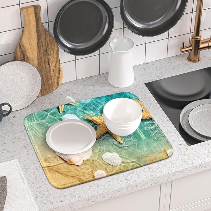 Summer Beach Style Dish Drying Mat for Kitchen Counter,Starfish and Seashell Drying Mat 16 x 18 Inch with High Absorbent Reversible Microfiber Dish Drying Pad Drainer Mat for Coffee Bar