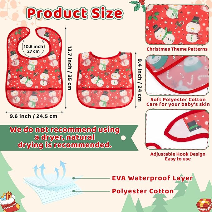 2ooya Christmas Baby Feeding Bib - 6Pcs Toddler Waterproof Food Bibs with Crumb Catcher Pocket Xmas Infant Adjustable Sleeveless Baby Bib First Christmas Gift for Eating Teething Drooling, 6-24 Months