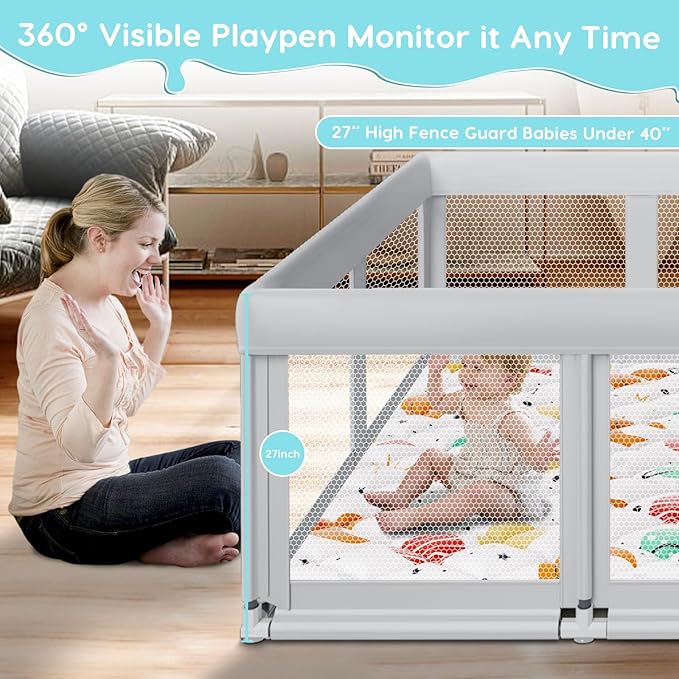 Fshibila 74" ×50" Baby Playpen with Mat, Baby Playard for Babies and Toddlers, Play Pens for Indoor & Outdoor, Sturdy Safety Play Yard with Soft Breathable Mesh, Anti-Fall, Grey