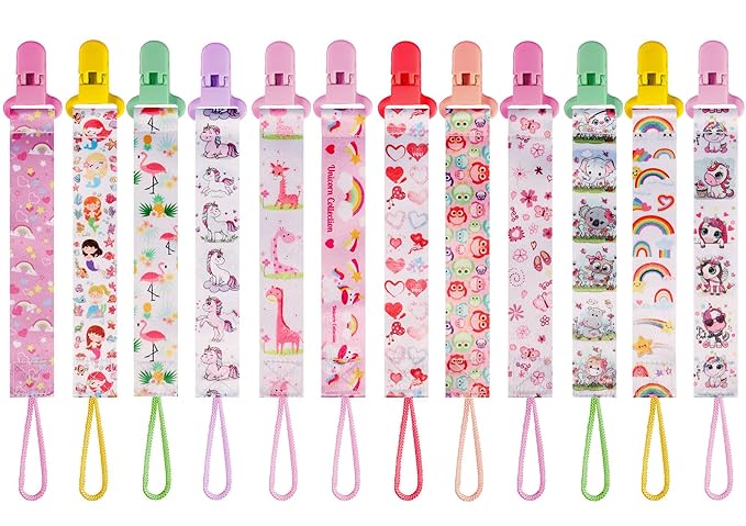 12 Pack Pacifier Clips with Adjustable Strap (32-46.5cm)/Short Strap(25.5cm) - Premium Polyester Baby Pacifier Holder Set, Multi-Design Clips for Boys Girls (Multicolor G 25/26cm)