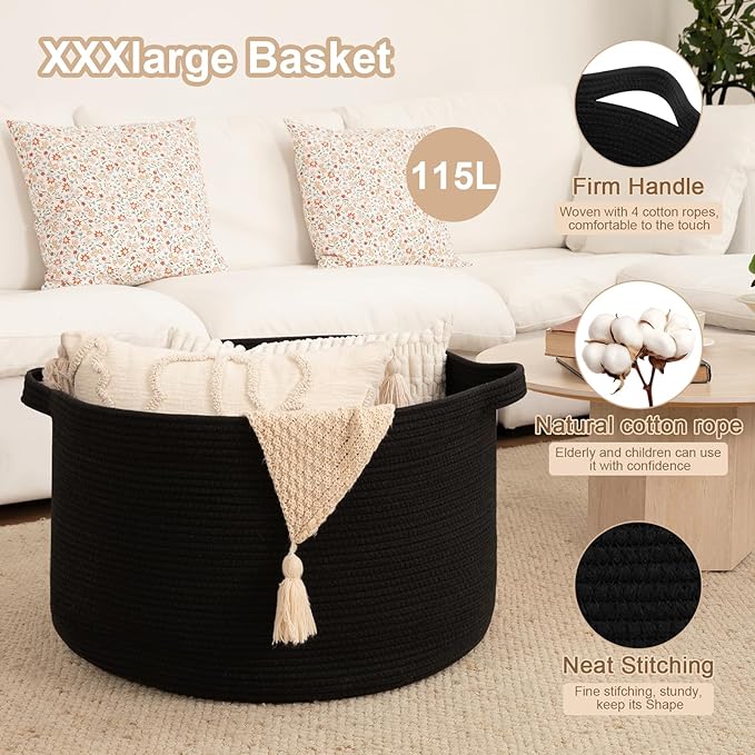 OIAHOMY 115L Extra Large Blanket Basket for Living Room, 23.6" x 15.4" Woven Cotton Rope Laundry Basket for Organizing Pillows, Decorative Stuffed Animal Toy Storage for Nursery, Black