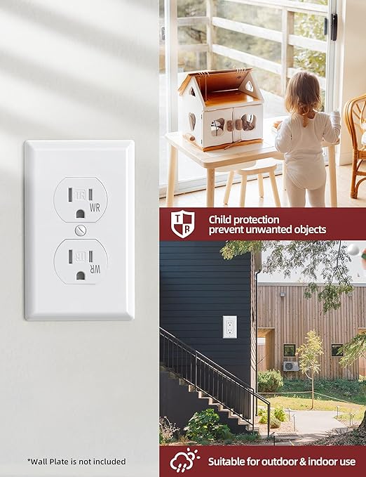 AIDA 15 Amps Outlets Duplex Electrical Receptacle Outlets,Weather Resistance & Tamper Resistant Electrical Receptacle, Wall Outlet,2 Pole,3-Wire, Self-Grounding, NEMA 5-15R,UL Listed 10 Pack, White