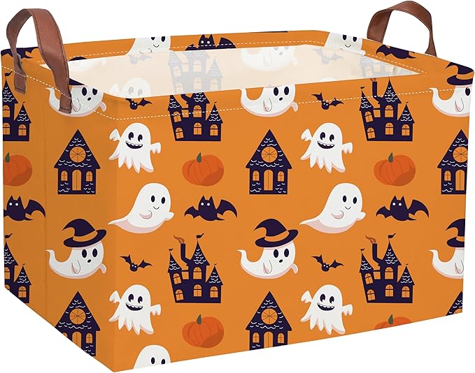 Essme Rectangular Halloween Basket,Kids Baskets Empty with Handles,Cute Baskets for Kids Halloweens Room Decor,Boys and Girls, Candy Basket(Yellow Castle Ghost)