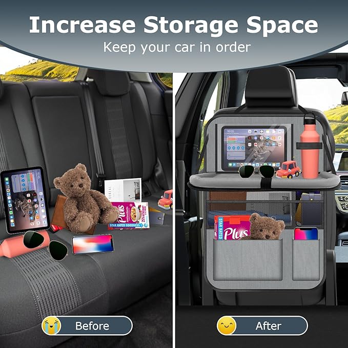Oneyus Car Backseat Organizer with table Tray, 9 Storage Pockets Backseat Car Organizer with Tablet Holder, Back seat Organizer for Kids Road Trip Essentials Travel (1Pack)