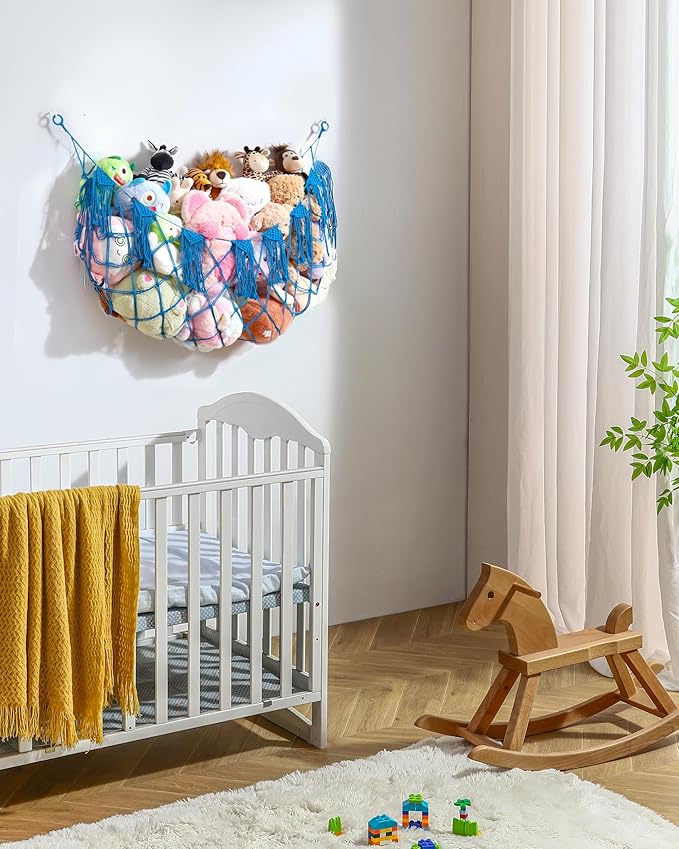 Boho Macrame Stuffed Animal Hammock with LED Lights, Wall Corner Hanging Plushie Net, Large Toy Organizer for Kids Bedroom Nursery Playroom & Dorm (Blue XL)