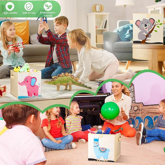 Kigley 6 Pcs Collapsible Cube Storage Bins Kids Foldable Storage Cube Organizer Fabric Toy Box Decorative Kids with Handles for Home Nursery Bedroom, 10.6 x 10.6 Inch(Classic Animal)