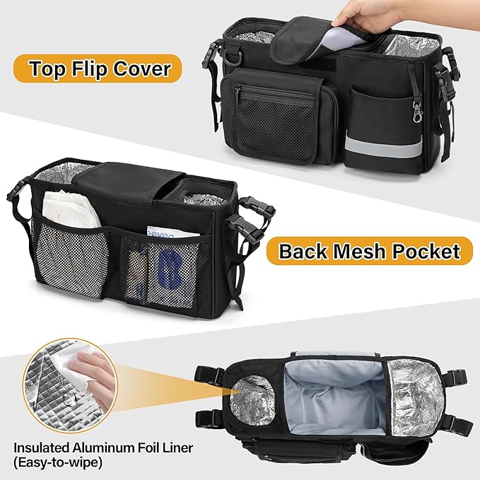 Parent Console Stroller Organizer Compatible with WONDERFOLD W&X, 2 Insulated Cup Holders, A Removable Cooler Bag, Black, Patented Design