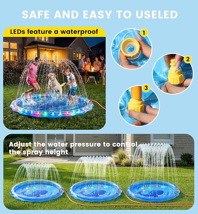 LED Glowing Splash Pad Sprinkler for Kids & Dogs, 60" Non-Slip Outdoor Water Toys Toddler Sprinkler Pool Splash Pad/Play Mat,LED Light Boys Girls Yard Sprinkler Pool for Kids