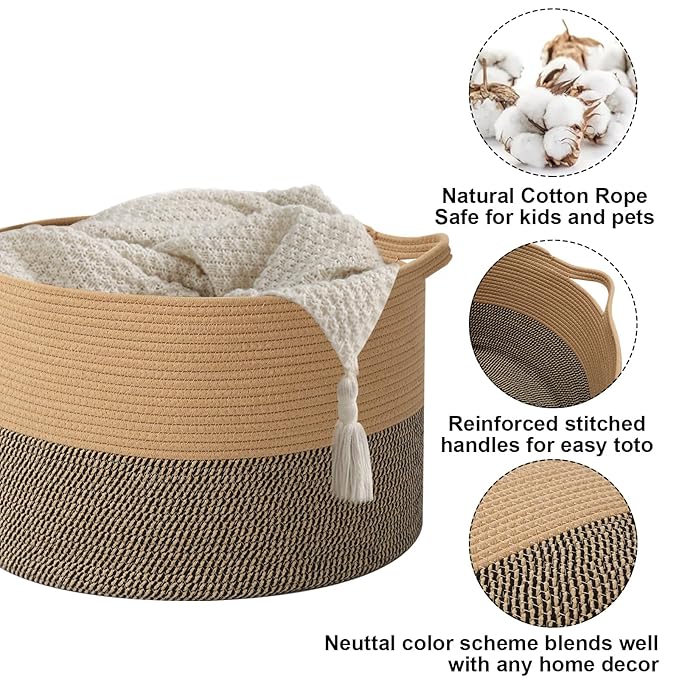 Large Storage Basket with Handle,23.6" x 23.6" x 15.7" Blanket Basket Storage Bins for Organizing,115L Cotton Rope Woven Baskets for Living Room, Nursery,Bedroom,Jute&Black