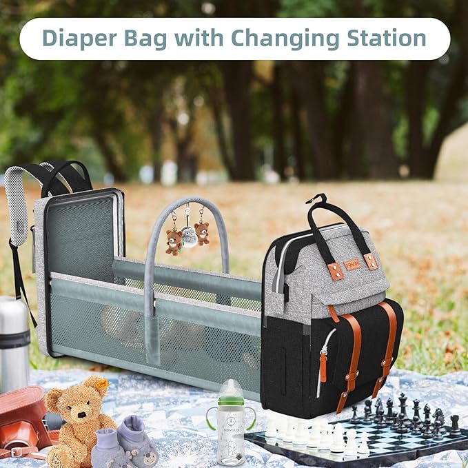 ISMGN Diaper Bag Backpack with Changing Station, Large Diaper Bag, Baby Bag, Multifunctional Diaper Bag, GreyBlack