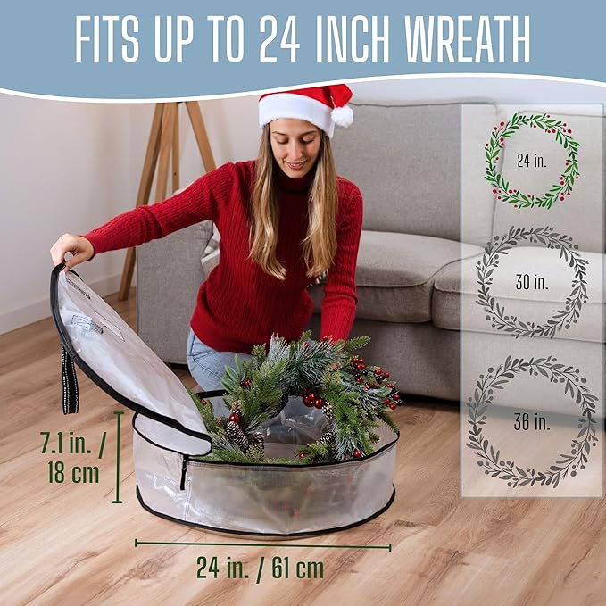 VENO 24 Inch Wreath Storage Container, 2 Pack Clear Round Christmas Wreath Storage Bag, Heavy Duty Clear Holder with Wall Hanging Handles