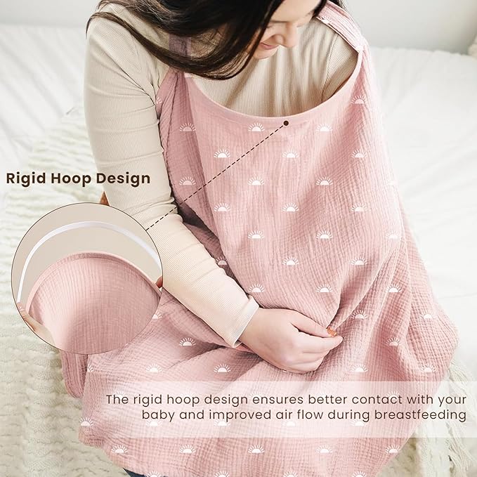 Konssy Muslin Nursing Cover for Baby Breastfeeding, Breathable 100% Cotton Breastfeeding Cover with Rigid Hoop for Mother Nursing Apron, Multi-use Carseat Canopy