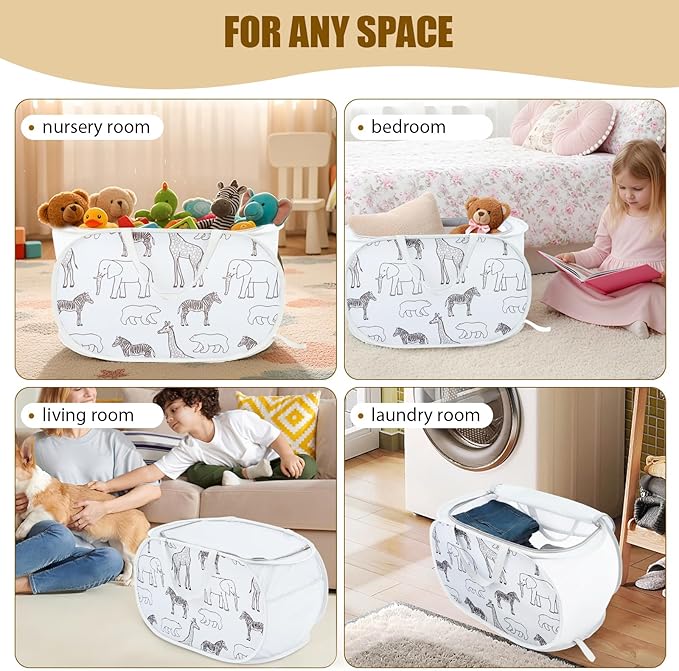 Collapsible Toy Box with Zipper Lid - Lightweight Stuffed Animal Storage Basket Organizer, Sturdy Foldable Toy Basket with Handles for Kids, Boys, Girls, Playroom, Bedroom - Animal Print, White