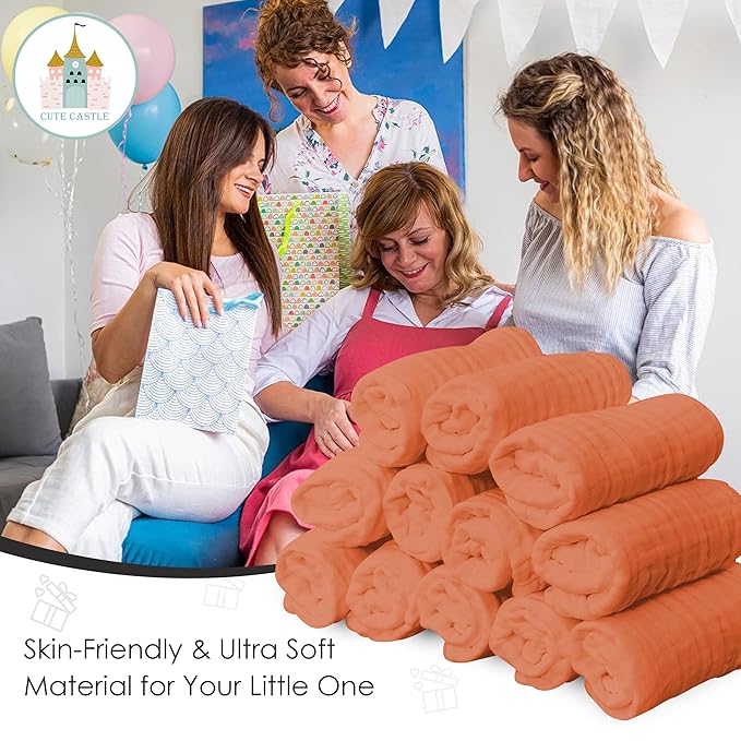 Cute Castle 12 Pack Muslin Baby Washcloths - Large 12'' by 12'' - Ultra Soft 100% Cotton - Super Absorbent Burp Cloths for Unisex, Boy, Girl -Vermilion