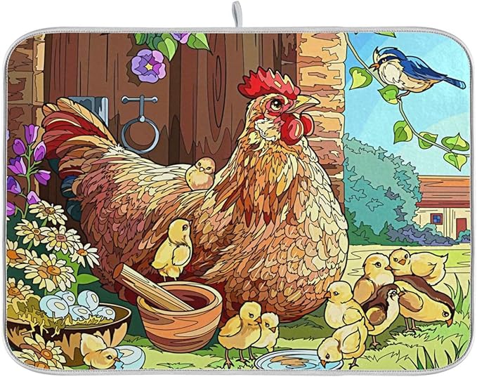 Absorbent Dish Drying Mat for Kitchen Counter - Rooster Birdie Chick Microfiber Drying Pad, Reversible Drainer Mats for Countertop, Small 16" x 18"
