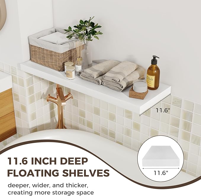 Fun Memories Deep Floating Shelves, 36" W x 12" D Wood Floating Shelves for Wall, 2 Pack Extra Deeper & Thicker Wall Mounted Storage Shelf for Living Room Laundry Room Kitchen Home Office, White