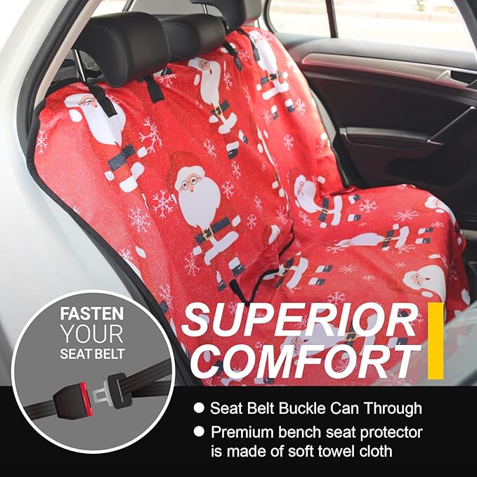 LoyaGour Back Seat Cover for Car Trucks Van SUV,Waterproof Rear Bench Towel Seat Covers for Dogs and Kids,Automotive Backseat Protector (Santa Claus)