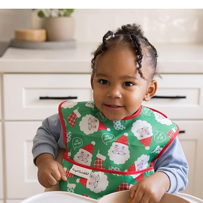 Tiny Twinkle Mess-Proof Baby Bibs for Eating | Waterproof, Wipeable Toddler Bibs with Catch-All Pocket | Feeding Bibs for Girls & Boys(3 Pack,Christmas)