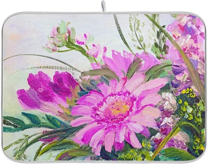 Absorbent Dish Drying Mat for Kitchen Counter - Oil Painting Flowers Microfiber Drying Pad, Reversible Drainer Mats for Countertop, Small 16" x 18"