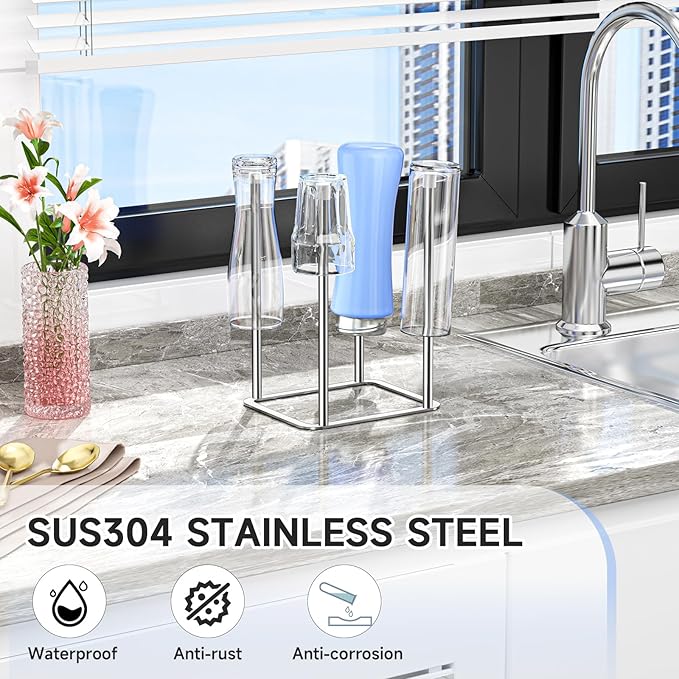 Water Bottle Drying Rack Reusable Bottle Rack Dryer Kitchen Stand Holder Metal Countertop Baby Bottle Drying Rack Water Cup Drying Rack for Plastic Bags, Bottles and Cups (Sliver, Small)