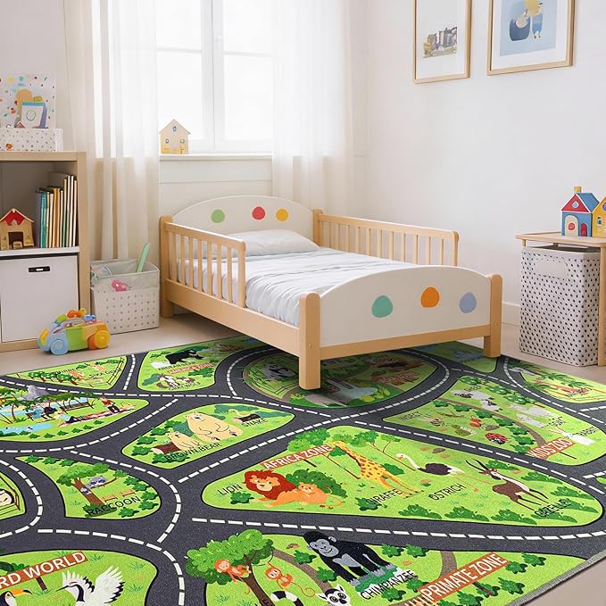 Zoo Adventure Kids Rug, Cute Animal Play Mat with Non-Slip Backing, Kids Carpet with Lions, Tigers & Giraffes for Educational and Fun Playtime, 8x10ft