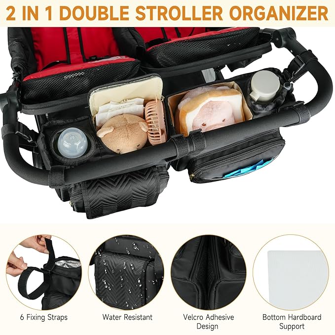 Double Stroller Caddy Compatible with Bob Duallie,Baby Jogger City Mini Gt2 and Zoe Twin V2,Double Stroller Parent Console with Cooler Bag and Cup Holder,Black