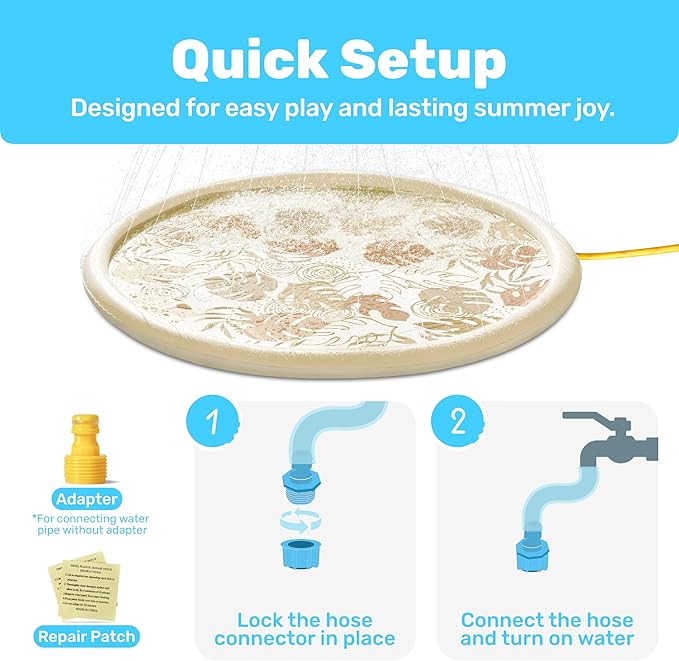 SLOOSH Splash Pad Sprinkler Mat - 6ft Tropical Leaves Outdoor Water Play Toys for Kids Dogs, Backyard Party in Summer Decor Outside Water Games Fountain Pool Children Boys Girls Toddlers (Champagne)