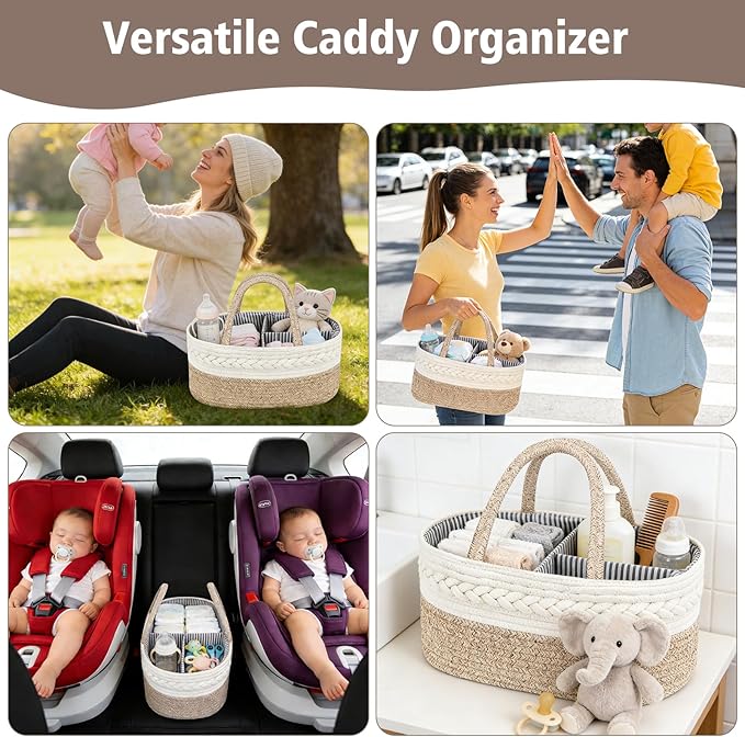 Diaper Caddy Organizer, Cotton Rope Baby Basket for Nursery and Changing Table, Portable Diaper Caddy with Removable Divider for Newborn Parents, Home and Car Travel, White and Brown