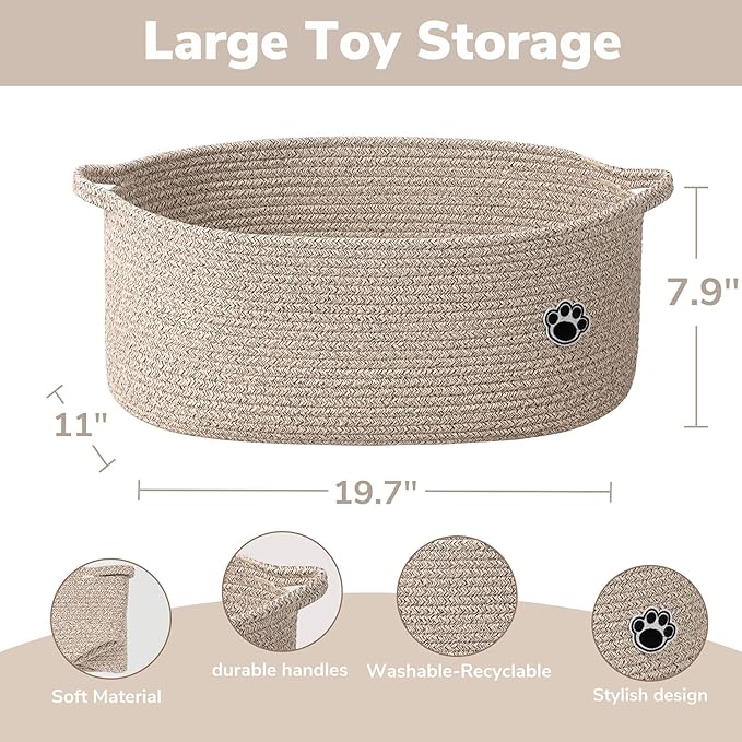 Large Dog Toy Basket, 19.7" X 11" X 7.9" Toy Storage Box for Nursery Living Room, Woven Rope Basket for Dog Cat Supplies Storage, Brown