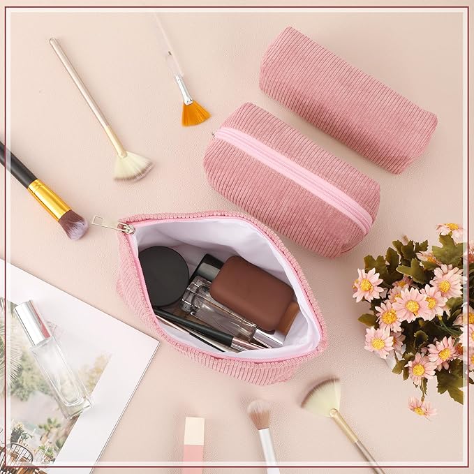 3 Pcs Makeup Bag Set for Women Corduroy Cosmetic Pouch Aesthetic Smile Travel Toiletry Bag Cute Purse Pouch Pencil Case Makeup Brushes Storage Organizer with Zipper(Pink,Solid Style)