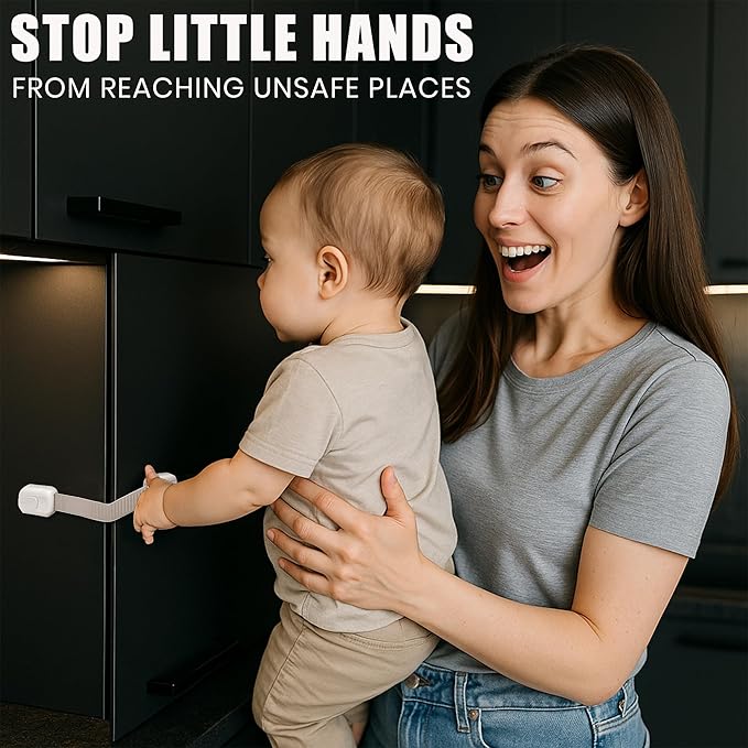 8 Pack Child Proof Cabinet Locks - No Screws & Magnets Needed - Cabinet Locks Baby Proofing With Strong 3M Adhesive Latches For Drawers, Furniture, Ovens, Toilet Seats, Trash Cans, Microwaves (White)