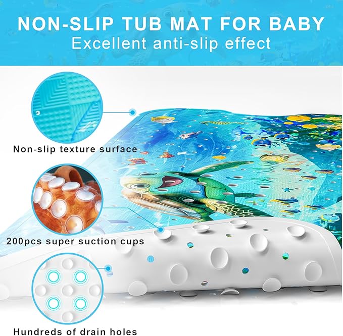 Upgrade Cartoon Baby Bath Mat Non Slip - 40"x16" Extra Long Bathtub Mat for Baby Eco Friendly Durable Bath Mat for Tub Non Slip Kids Tub Mat with Suction Cups, Machine Washable and No Fading, Turtle