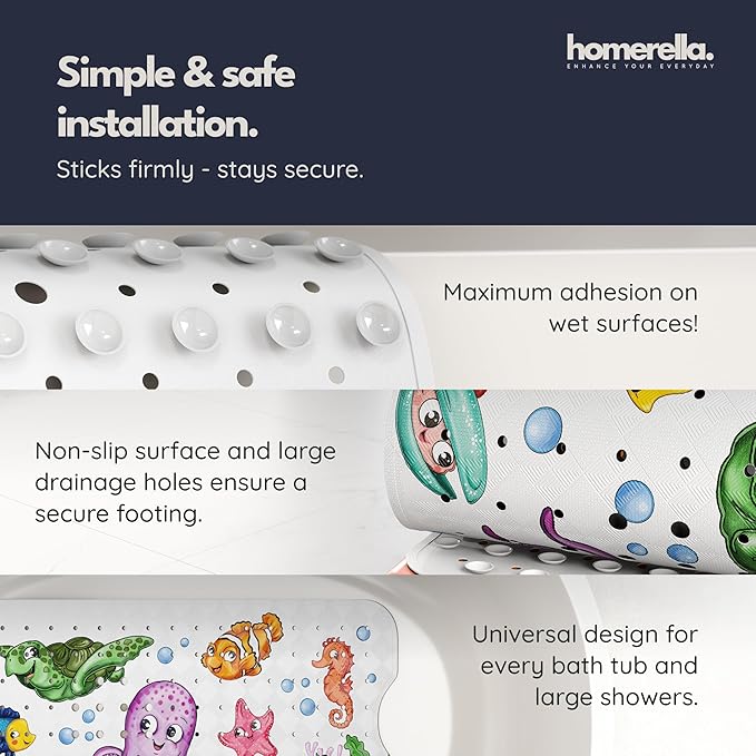 Bath Tub Mat Non Slip Anti Mold for Kids BPA Free INCL Hooks - homerella® Ocean Sea Animals 28x16, Baby Bath Mat Non Slip 200 Suction Cups, Non Toxic Machine Washable Toddler Bath Mat, EU Certified