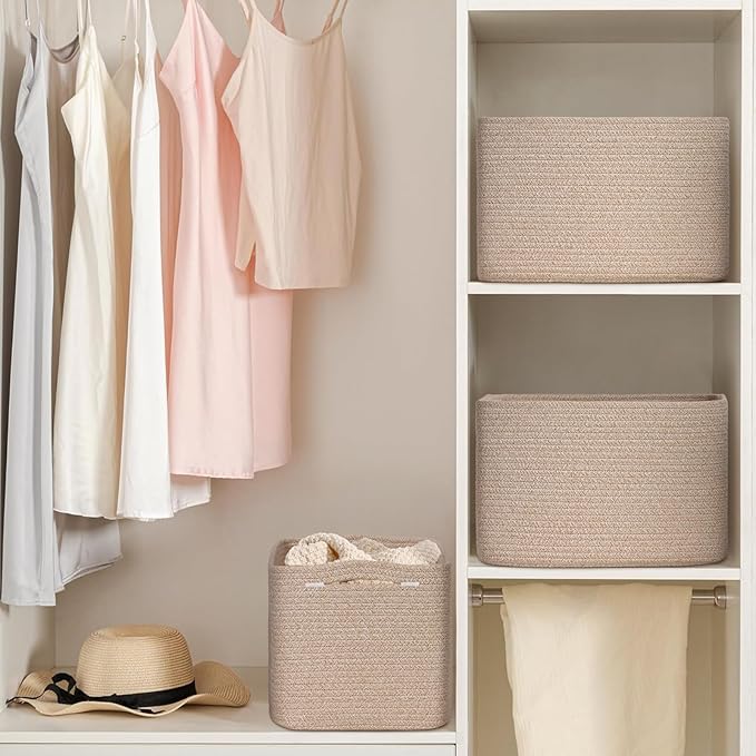 Degeyoyo Woven Storage Baskets, Brown Baskets for Organizing, 3 Pack Woven Basket for Storage, Storage Baskets for Shelf, Towel, Toy, Book, Closet, Baby 15"×10"×9"