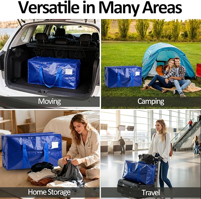 2-Pack Blue Extra Large Moving Bags, Heavy Duty Storage Bags with Lids, Reinforced Handles and Zippers, Organizing Bags for Dorm Packing, Clothes Storage, Toy, Camping, College Supplies