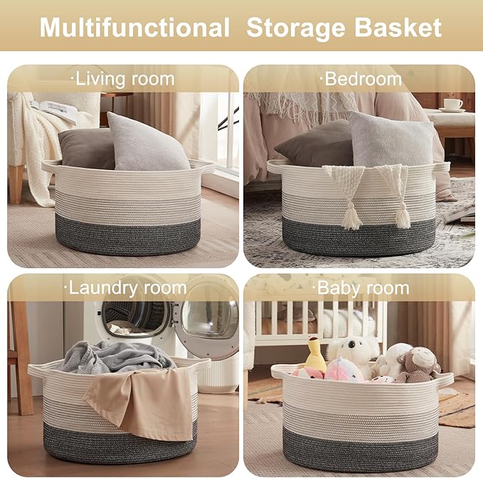 OIAHOMY 90L Blanket Basket for Living Room, Large Basket 23" x 23" x 13" with Handle, Laundry Hamper for Blankets, Pillows, Toy Storage for Kids, Dogs - Black and White