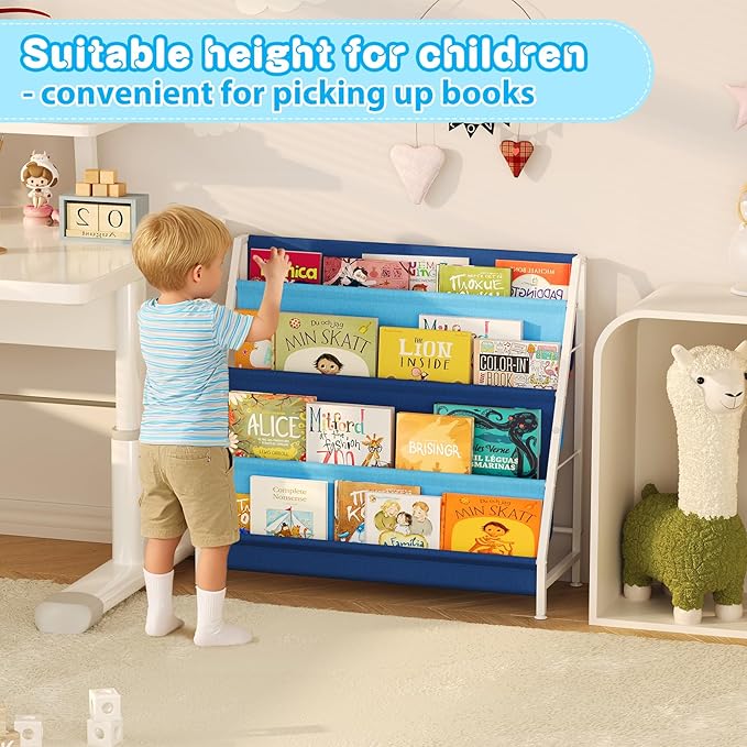 Kid Bookshelf for Kids Rooms, 4-Tier Blue Montessori Bookshelf,Toddler Children Bookshelf,Metal Kid's Book Storage Organizer for Boys Room Furniture Playroom Kindergarten