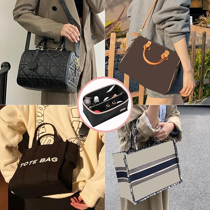 Doxo Purse Organizer Insert & Base Shaper 2pc Set, Felt Handbag Bag Fit LV Speedy Neverfull (L-Black)