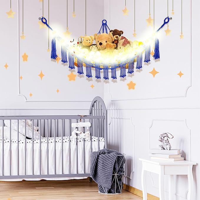 CERETIA Stuffed Animal Hammock with LED Light, Large Stuffed Animals Storage Corner Plushie Net for Kids Room Decor, Jumbo Royal Blue