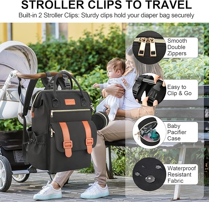 PIIOSER Diaper Bag Tote with Ice Pack, Large Capacity & Waterproof Bag Travel Backpack for Moms Dads, Insulated Insulated Baby Cooler Bag with Changing Pad, Stroller Straps & Pacifier Case, Black