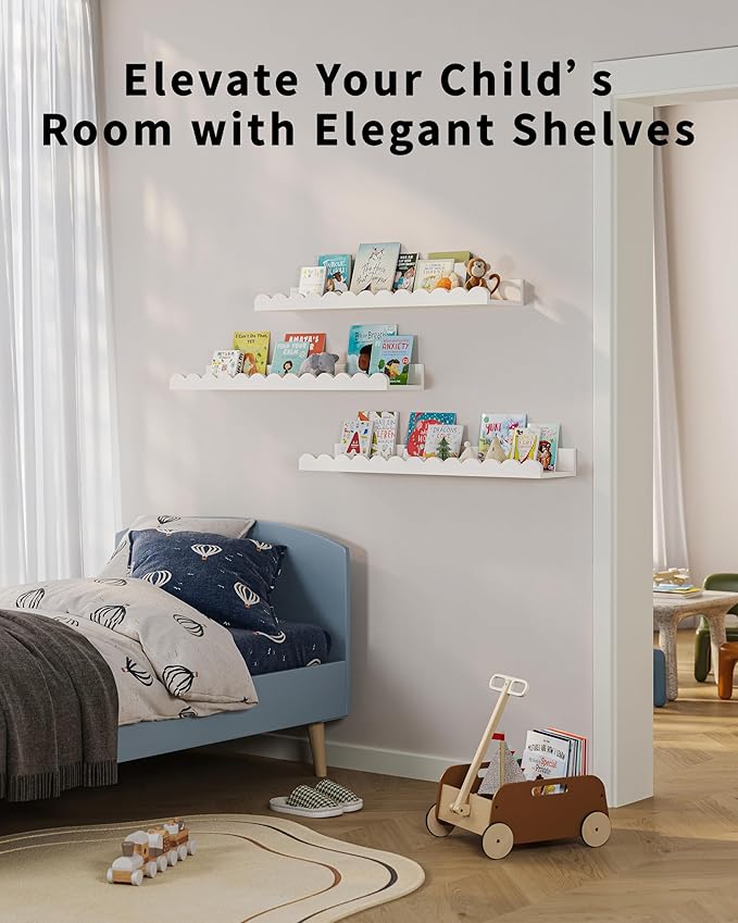 G&W Gruwald Nursery Book Shelves, Set of 3, Nursery Decor for Baby and Toddler, Scalloped Shelves, Book Shelf for Kids Rooms, Wall Book Shelf for Bedroom Kids, Floating Shelf for Wall